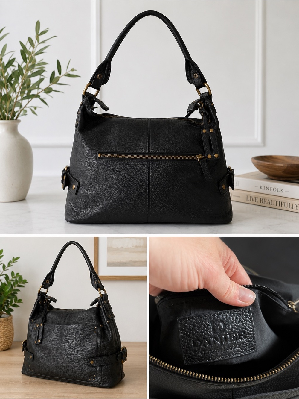 Danier Black Pebbled Leather Hobo Shoulder Bag | Large Zip Top Purse